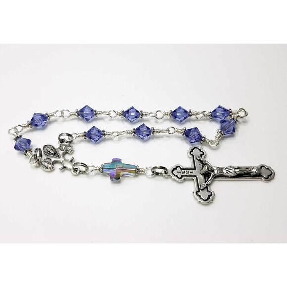 Handmade Purple Swarovski One Decade Rosary Fleur-de-Lis Center Unbreakable - Picture 3 of 10